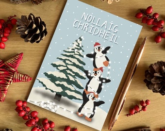 Nollaig Chridheil Scottish Gaelic A6 Blue Christmas Penguin Tree Christmas Card, Cute Illustration Christmas Card, Recycled Card, SH Designs