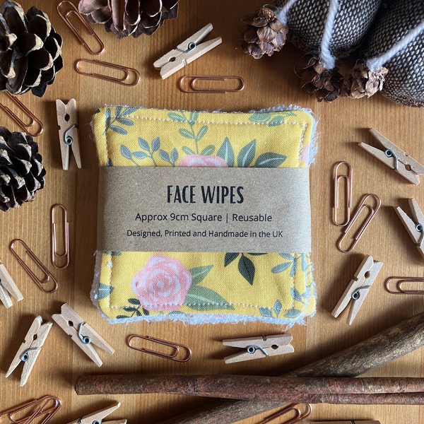 Reusable Face Wipes, Yellow Floral Patterned Square Handmade Face Wipes, Bamboo and Cotton Towelling, Handmade in the UK, SH Designs