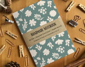 Green Floral Patterned A6 Size Blank Page Handmade Notebook, Cute Floral Stationery, Blank Pocket Small Journal, Made in the UK, SH Designs