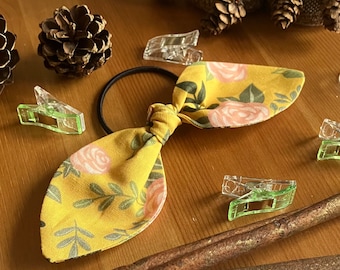 Yellow Floral Bow Hair Tie: Handmade Cotton Hair Bobble