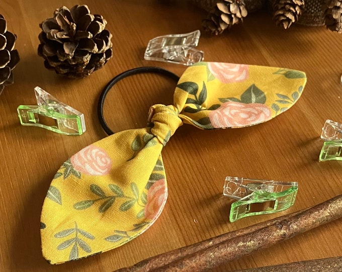 Yellow Floral Patterned Hair Tie, Bow Hair Accessories, Cute Hair Band, Hair Bobble, Bow Style Bobble, Made in the UK, SH Designs
