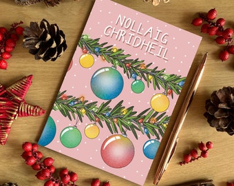Scottish Gaelic Christmas Baubles Card, Festive Pink Recycled Card