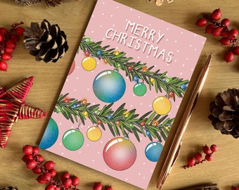 A6 Pink Festive Baubles Christmas Card, Merry Christmas Card, Cute Illustrated Christmas Card, Recycled Card, SH Designs