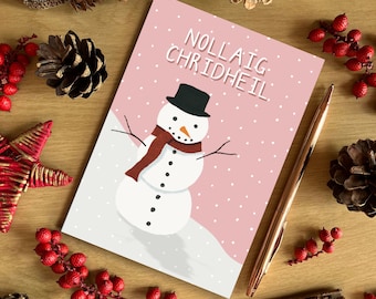 Nollaig Chridheil Scottish Gaelic A6 Pink Christmas Snowman Christmas Card, Scottish Christmas Card, Recycled Card, SH Designs