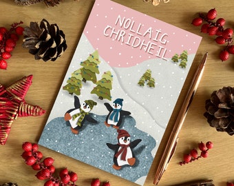 Nollaig Chridheil Scottish Gaelic Christmas A6 Sized Pink Card, Skating Penguins, Scottish Christmas Card, Recycled Card, SH Designs