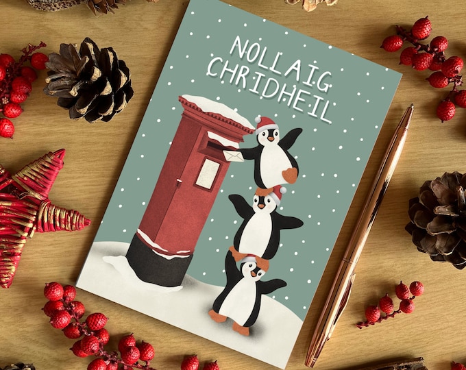 Nollaig Chridheil Scottish Gaelic A6 Size Green Christmas Penguin Post Christmas Card, Scottish Christmas Card, Recycled Card, SH Designs