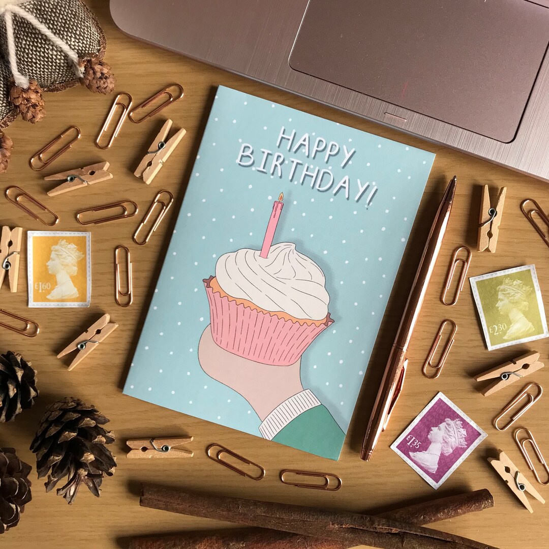 Cute Blue Happy Birthday A6 Size Card, Happy Birthday Notecard, Pink ...