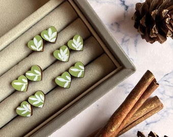 Green Heart Pattern Wooden Earrings, Handmade Jewellery, Cute Colourful Studs, Made in the UK, SH Designs