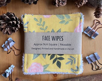 Yellow Floral Patterned Reusable Face Wipes, Square Reusable Face Wipes, Bamboo and Cotton, Handmade in the UK, SH Designs