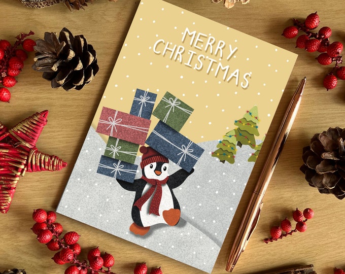 A6 Yellow Christmas Penguin Presents Christmas Card, Merry Christmas Card, Cute Penguin Card, Recycled Card, SH Designs