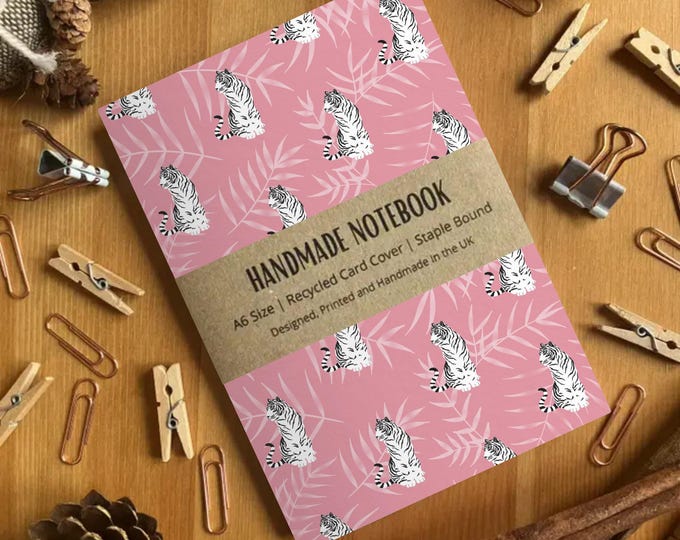 Pink Tiger Pattern A6 Sized Handmade Blank Page Notebook, Cute Pocket Journal, Small Writing Journal Notepad, Colourful Notebook, SH Designs
