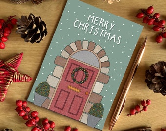 A6 Green Festive Front Door Christmas Card, Merry Christmas Card, Cute Illustrated Christmas Card, Recycled Card, SH Designs