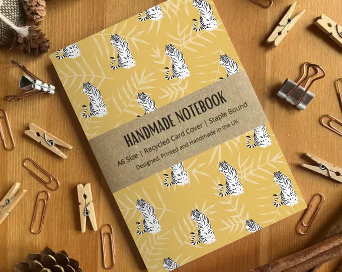 Yellow Tiger Pattern A6 Size Handmade Notebook, Small Blank Paged Journal, Made in the UK, Pocket Journal, Daily Planner Notepad, SH Designs