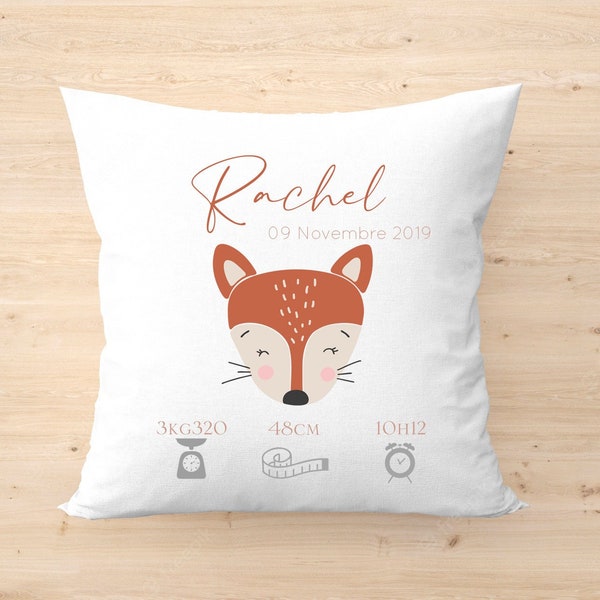 Coussin personnalisé | coussin de naissance | cadeau de naissance | coussin bébé | enfant | tête de renard | renard | animaux forêt