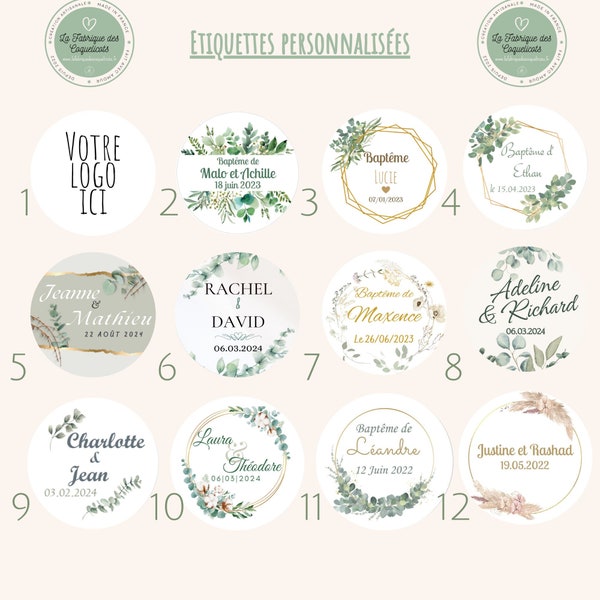 Lot de 24 Etiquettes autocollantes personnalisées | ronde 40mm | mariage baptême baby shower anniversaire pacs communion /