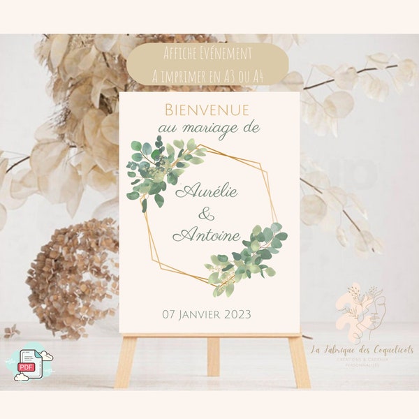 Affiche de bienvenue - Mariage - baptême, anniversaire, panneau bienvenue , Evènements- A imprimer A3 ou A4 - Personnalisable PDF