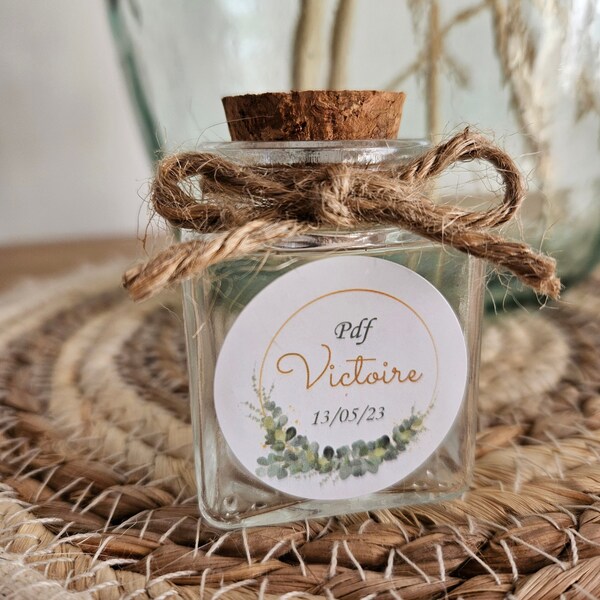 Pot à dragées carré et bouchon liège personnalisée | cadeau invité / mariage, anniversaire, baptême , pacs, bébé, naissance