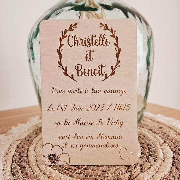 Faire part mariage en bois | Invitation baptême anniversaire bois | champêtre | floral | faire part