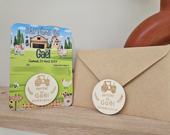 Magnet / faire part / invitation baptême anniversaire mariage / fête / enfant cadeau personnalisé souvenir /ferme animaux tracteur bois