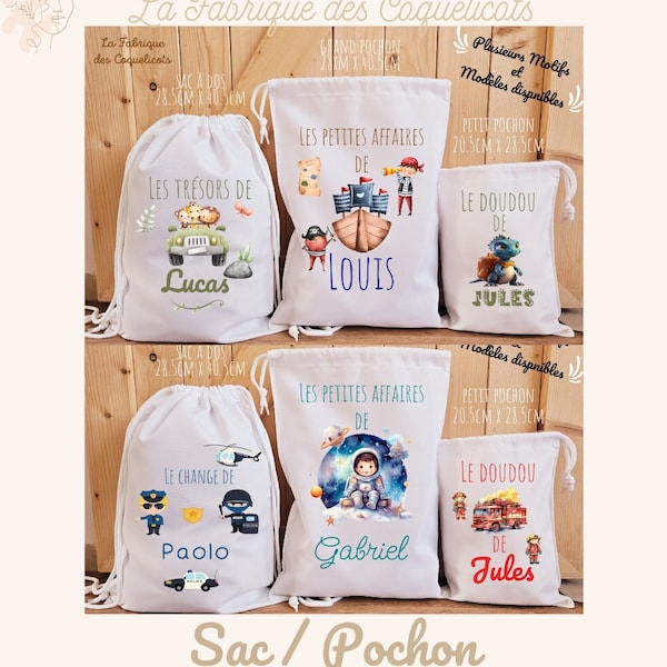 Sac à dos / à doudou / sac de change / école enfant maternelle rentrée des classes pompier police dino astronaute garcon pirate jungle