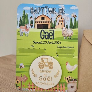 Magnet / save the date / invitation baptême anniversaire / fête / enfant cadeau personnalisé souvenir /ferme animaux tracteur bois image 4