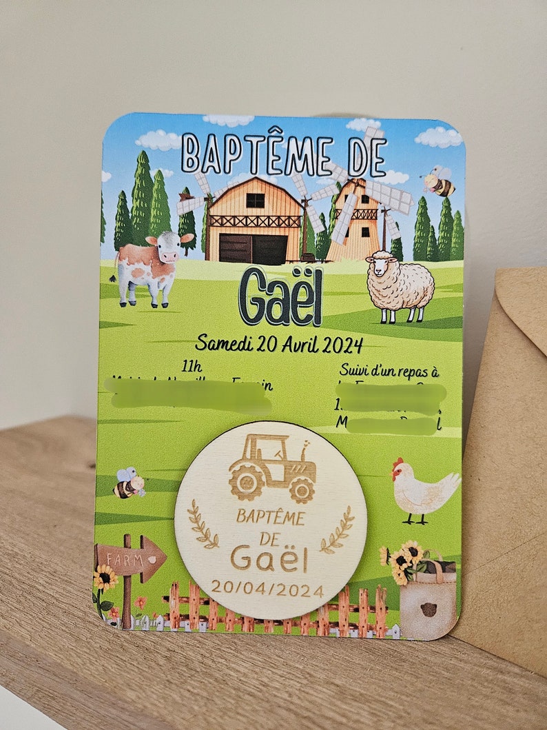 Magnet / save the date / invitation baptême anniversaire / fête / enfant cadeau personnalisé souvenir /ferme animaux tracteur bois image 4