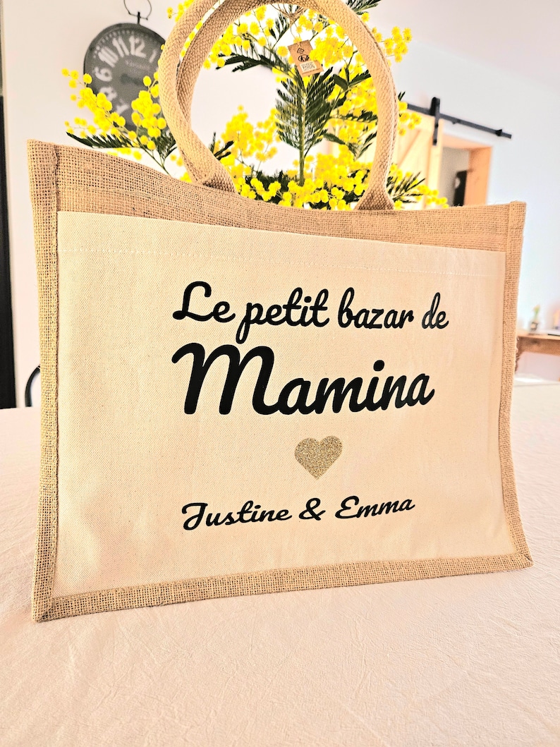 Sac cabas personnalisé sac de course sac jute coton femme nounou mamie fete des mères fetes des mamies image 1