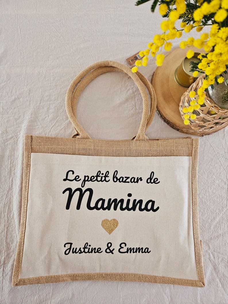 Sac cabas personnalisé sac de course sac jute coton femme nounou mamie fete des mères fetes des mamies image 2