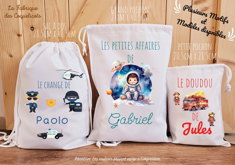 Sac à dos / à doudou / sac de change / école enfant maternelle rentrée des classes pompier police dino astronaute garcon pirate jungle image 2