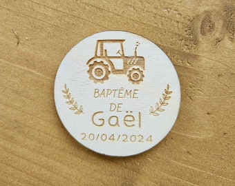 Magnet / save the date / invitation baptême anniversaire / fête / enfant cadeau personnalisé souvenir /ferme animaux tracteur bois