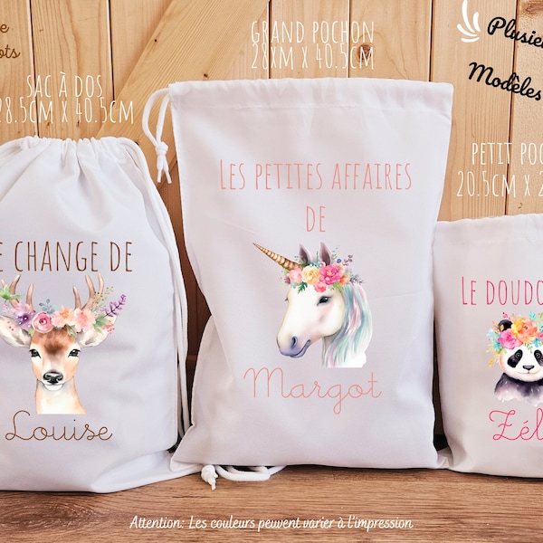 Sac à dos / à doudou / sac de change / école enfant maternelle rentrée des classes Animaux fleurs licorne panda koala biche animaux foret