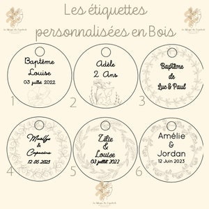 Etiquette personnalisée EN BOIS ronde Mariage baptême baby shower anniversaire pacs communion / Marque place invité image 6