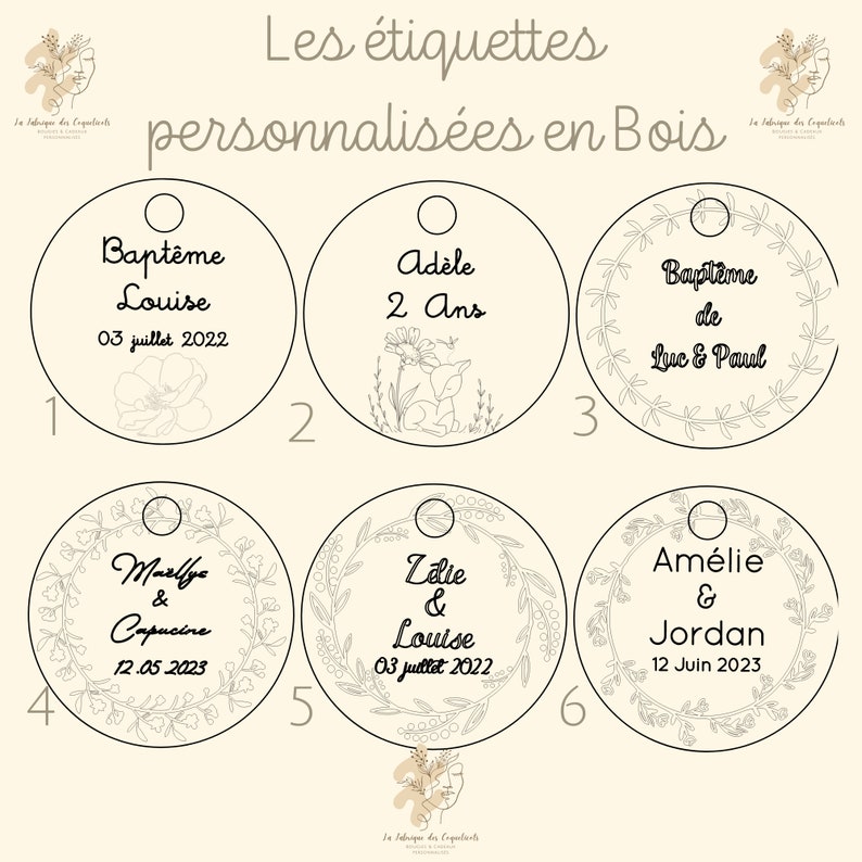 Etiquette personnalisée EN BOIS ronde Mariage baptême baby shower anniversaire pacs communion / Marque place invité image 6