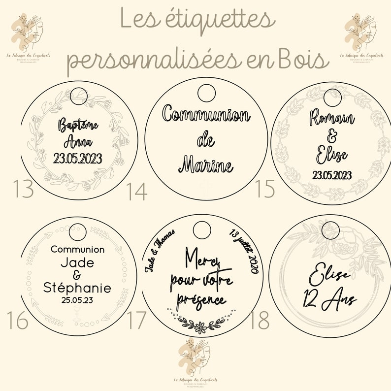 Etiquette personnalisée EN BOIS ronde Mariage baptême baby shower anniversaire pacs communion / Marque place invité image 8