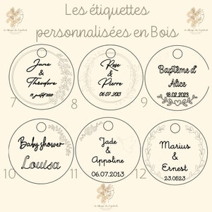 Etiquette personnalisée EN BOIS ronde Mariage baptême baby shower anniversaire pacs communion / Marque place invité image 7