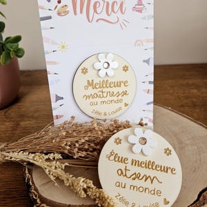 Magnet bois marguerite - fin année scolaire - MERCI maîtresse atsem nounou - cadeau personnalisé avec carte à personnaliser