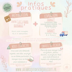 May include: Pink and white graphic with information about preparation and shipping times for custom orders. The text includes "Entre 3 et 5 jours ouvrables" (French for "Between 3 and 5 business days") and "Colissimo: 48h" (French for "Colissimo: 48 hours").