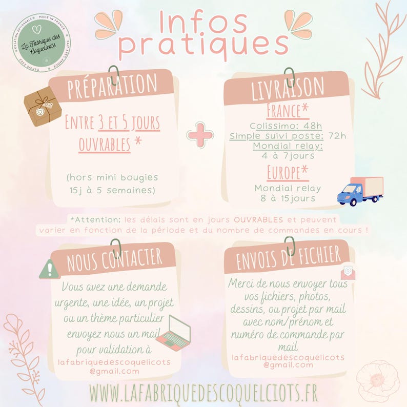 May include: Pink and white graphic with information about preparation and shipping times for custom orders. The text includes "Entre 3 et 5 jours ouvrables" (French for "Between 3 and 5 business days") and "Colissimo: 48h" (French for "Colissimo: 48 hours").