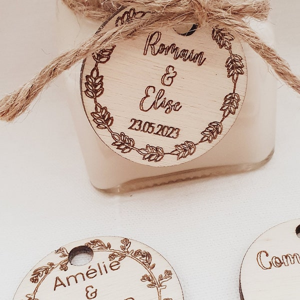 Etiquette personnalisée EN BOIS  | ronde | Mariage baptême baby shower anniversaire pacs communion / Marque place invité