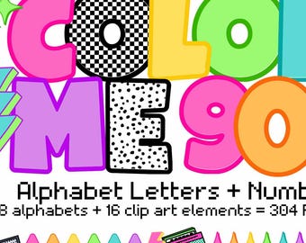 90's Retro Letters, Neon Alphabet, preppy letters, star clip art, lightning bolt, bright letters, glow letters, dotty letters, checker alpha