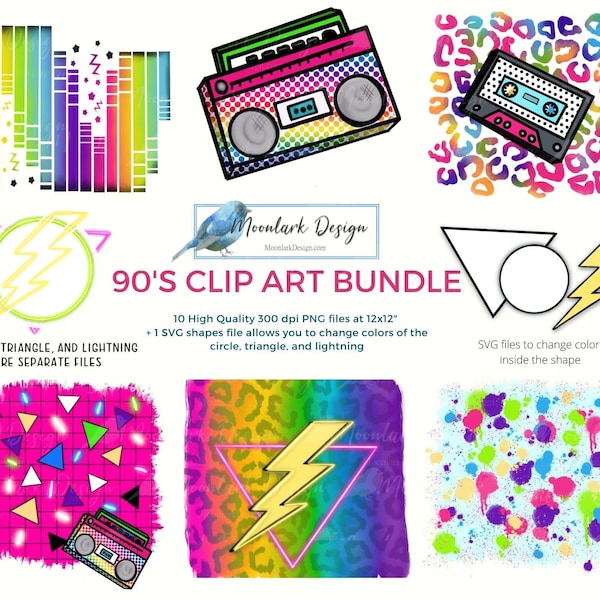 90's Clip Art Bundle, Backgrounds, rainbow leopard, retro radio, cassette tape clipart, lightning and triangle, circle, PNG for sublimation