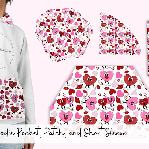 Retro Valentines, hoodie pocket, Valentine patch, bleach patches, retro hearts, retro character, sleeve pattern, commercial use, tumbler PNG