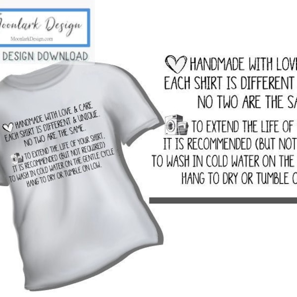 Bleached shirt, care tag, tie dye care tag, washing instructions, care instructions, handmade with love, different and unique. SVG and PNG