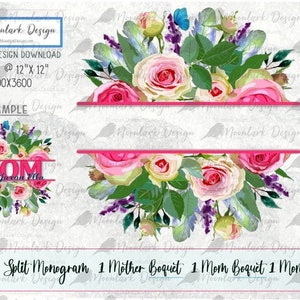 Könnte beinhalten: Digitaler Download eines Blumenmusters mit dem Wort "MOM" in einem geteilten Monogramm-Stil. Das Design beinhaltet ein leeres geteiltes Monogramm, einen Blumenstrauß mit dem Wort "Mother", einen Blumenstrauß mit dem Wort "Mom" und einen Blumenstrauß mit Umriss mit dem Wort "Mom".