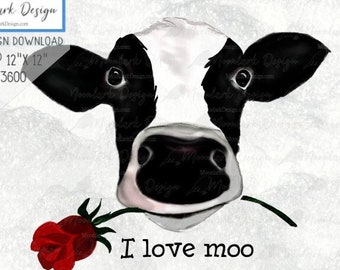 Ich liebe Moo, Kuh Valentine, Valentinstag, Kuh mit Rose, PNG für Sublimation, druckbare Kuh, Aquarell Kuh, Kuh Skizze PNG, kommerzielle Nutzung