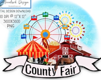May include: A digital illustration of a county fair scene with a red and white striped tent, a Ferris wheel, a red barn, a popcorn stand, a hot dog, and farm animals. The text "County Fair" is written on a white banner.