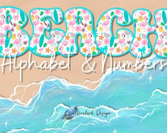 Beach Alphabet Letters, Doodle Numbers, flamingo letters, palm tree, groovy surf board, sunglasses, shell, PNG download, bulletin board