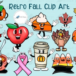 Retro Fall Character Clipart, retro cartoon, pumpkin clip art, leaf clipart, retro turkey, Pumpkin pie, pumpkin spice latte, soup clip art,