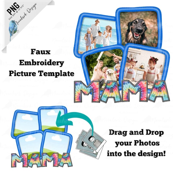 Blue Faux Embroidery, Picture Frames, Canva Template, Faux Embroidery Mama, Picture Frame, Picture Template, Kids pictures, Tie Dye pattern