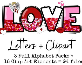 Valentines Alphabet Letters, Sequin Letters, Sequin Alphabet, Valentines Letters, Doodle Letter, Valentines Doodle, Commercial Use, Clip Art